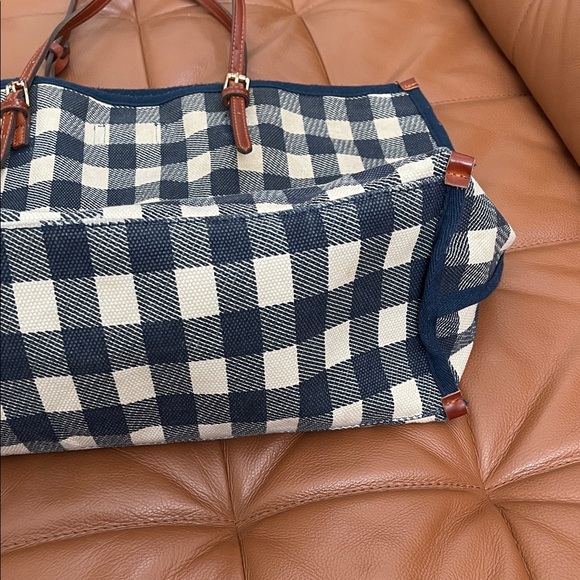 Anthropologie Blue and White Checkered Tote Bag with Pouch - Picture 4 of 11